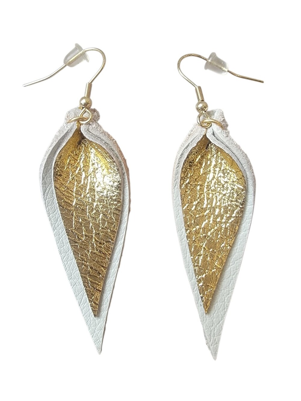 Vintage Vallure Women's Leather Pinched Leaf Earrings Ivory Gold Small Boho